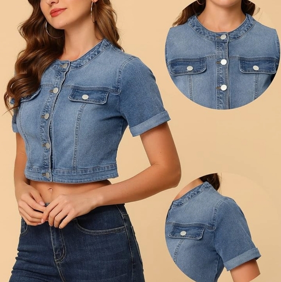 Allegra K Shortsleeve Cropped Jean Jacket - Picture 3 of 7